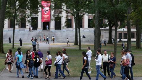 A tour group at Harvard University